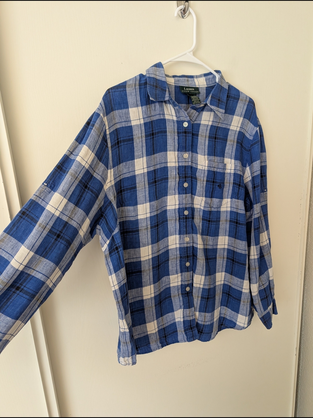 Ralph Lauren Womens 1X Long Sleeve Button Down 100% Linen Blue Plaid Shirt - Picture 4 of 8